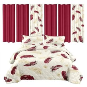 9 Piece Room In A Bag Quilt And Curtain Set, US Designer Burgundy Gold Boho Feather Print Heavyweight Bedspread With 6 Customizable Window Panels (Option: QUEEN)