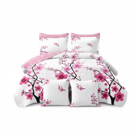 Pink Floral 5-Piece Quilt Set With 2 Matching Pillow Shams And 2 Decorative Pillow Covers, 130 GSM Microfiber Designer Bedspread (Option: QUEEN)