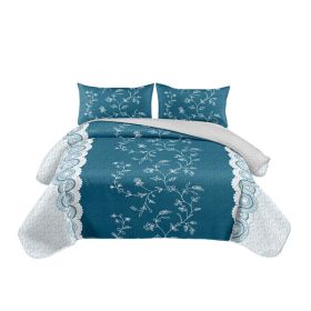 Teal Floral 3-Piece Quilt Set With 2 Matching Pillow Shams, 130 GSM Microfiber Designer Bedspread, Easy-Care Pet-Friendly Bedding (Option: QUEEN)