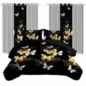 9 Piece Room In A Bag Quilt And Curtain Set, US Designer Black And Gold Butterfly Print Heavyweight Bedspread With 6 Customizable Window Panels, (Option: TWIN)