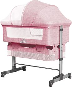 Baby Bassinet Bedside Sleeper 3 in 1 Bedside Crib, Adjustable Portable Bed for Infant/Baby/Newborn,with Mosquito Nets, Large Storage Bag (Color: PINK)